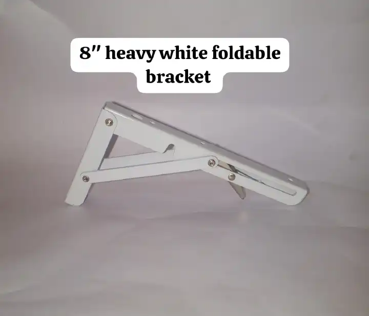 8-Inch Heavy Duty Foldable Shelf Brackets White - 1 Pair Wall Mounted Collapsible Triangle Bracket Support for DIY Folding Table, Bench, Kitchen Workstation Floating Shelf Hinges with Screws