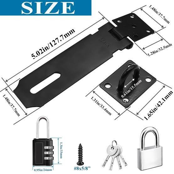 12pcs ,3" Heavy Duty Safety Desk Hasp and Staple Latch Lock Black Iron Security Door Catch Hinge Clasp for Office Desks Wooden Drawers Wardrobes Cupboards School Lockers Storage Toolboxes Cabinets.