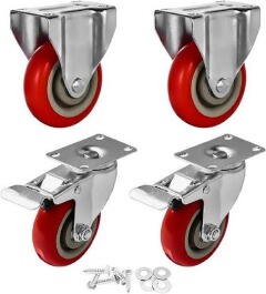 4Pcs Heavy Duty 2 Inch Red Swivel Caster Wheels with Dual Locking Brakes SG-50 Polyurethane Trolley Rollers Universal Top Plate Replacement Kit for Furniture Workbenches Carts Industrial Hardware Set.