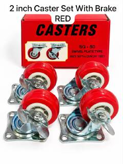 4Pcs Heavy Duty 2 Inch Red Swivel Caster Wheels with Dual Locking Brakes SG-50 Polyurethane Trolley Rollers Universal Top Plate Replacement Kit for Furniture Workbenches Carts Industrial Hardware Set.