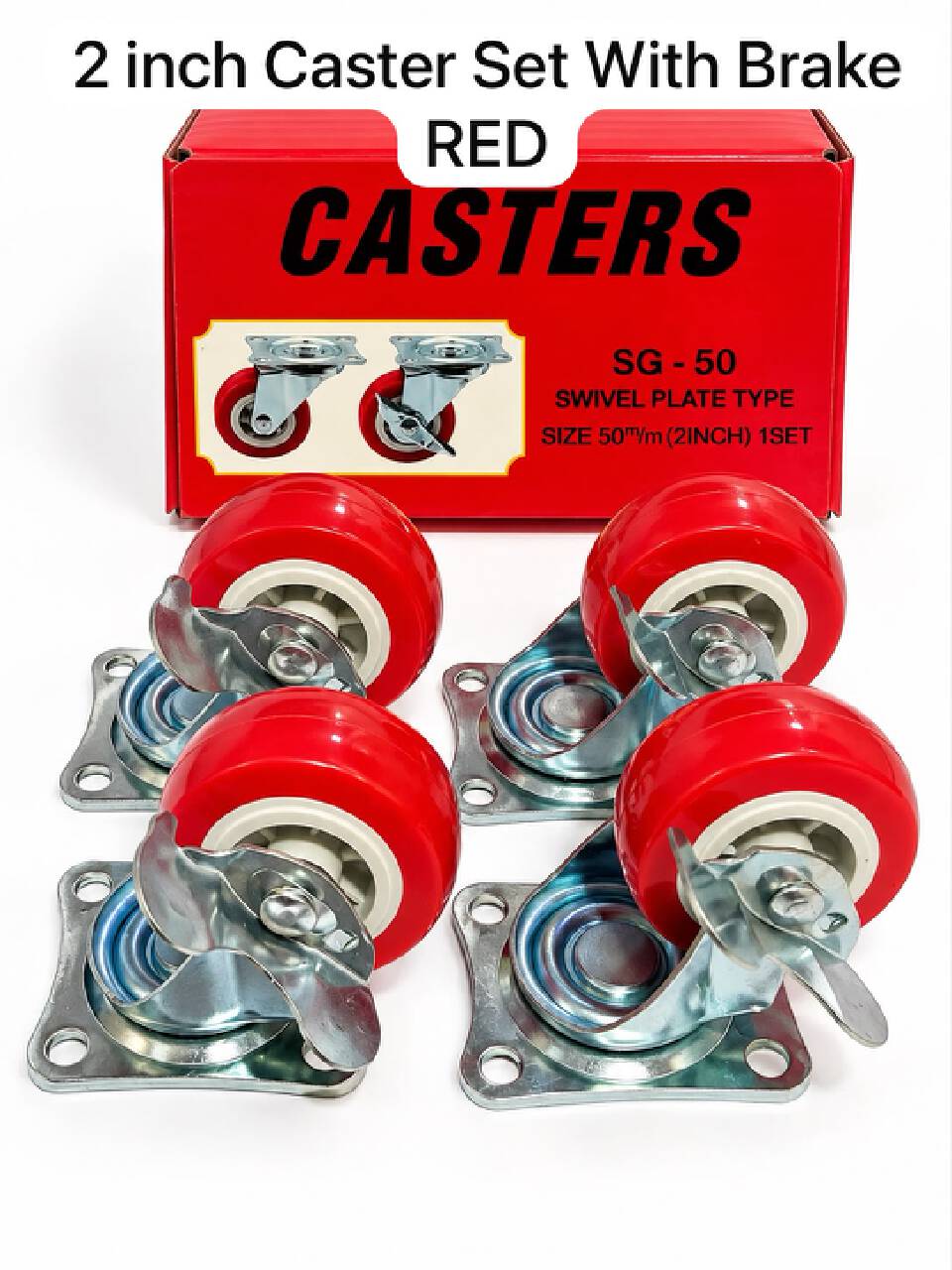 4Pcs Heavy Duty 2 Inch Red Swivel Caster Wheels with Dual Locking Brakes SG-50 Polyurethane Trolley Rollers Universal Top Plate Replacement Kit for Furniture Workbenches Carts Industrial Hardware Set.