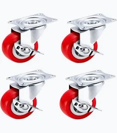 4Pcs Heavy Duty 2 Inch Red Swivel Caster Wheels with Dual Locking Brakes SG-50 Polyurethane Trolley Rollers Universal Top Plate Replacement Kit for Furniture Workbenches Carts Industrial Hardware Set.