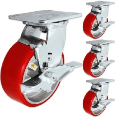 4Pcs Heavy Duty 2 Inch Red Swivel Caster Wheels with Dual Locking Brakes SG-50 Polyurethane Trolley Rollers Universal Top Plate Replacement Kit for Furniture Workbenches Carts Industrial Hardware Set.
