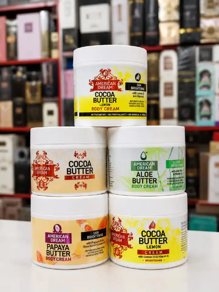 ✨ AMERICAN DREAM BODY BUTTER CREAM – 4 AMAZING VARIETIES! ✨GIVE YOUR SKIN THE LOVE IT DESERVES WITH AMERICAN DREAM BODY BUTTER CREAM! 💖 AVAILABLE IN COCOA BUTTER LEMON, COCOA BUTTER, ALOE BUTTER AND