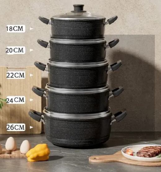 Jamespot Set of 10PCS /11PCS Die Cast Set Iron Heavy Non-stick Cookware Set Sufuria Set cooking pot set Suitable for induction cookers(5PCS 18/20/22/24/26cm Pots+5pcs Lids)