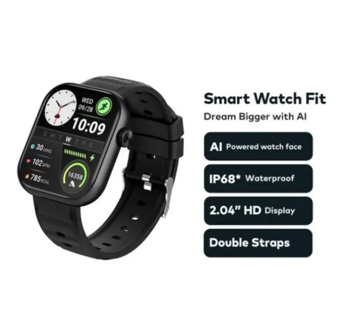 Itel Smart Watch Fit 020 Ultra – 2.04" HD Display, Bluetooth Calling, AI Faces, IP68 Waterproof, Fitness Tracking, Long Battery Life + Extra Strap – Black