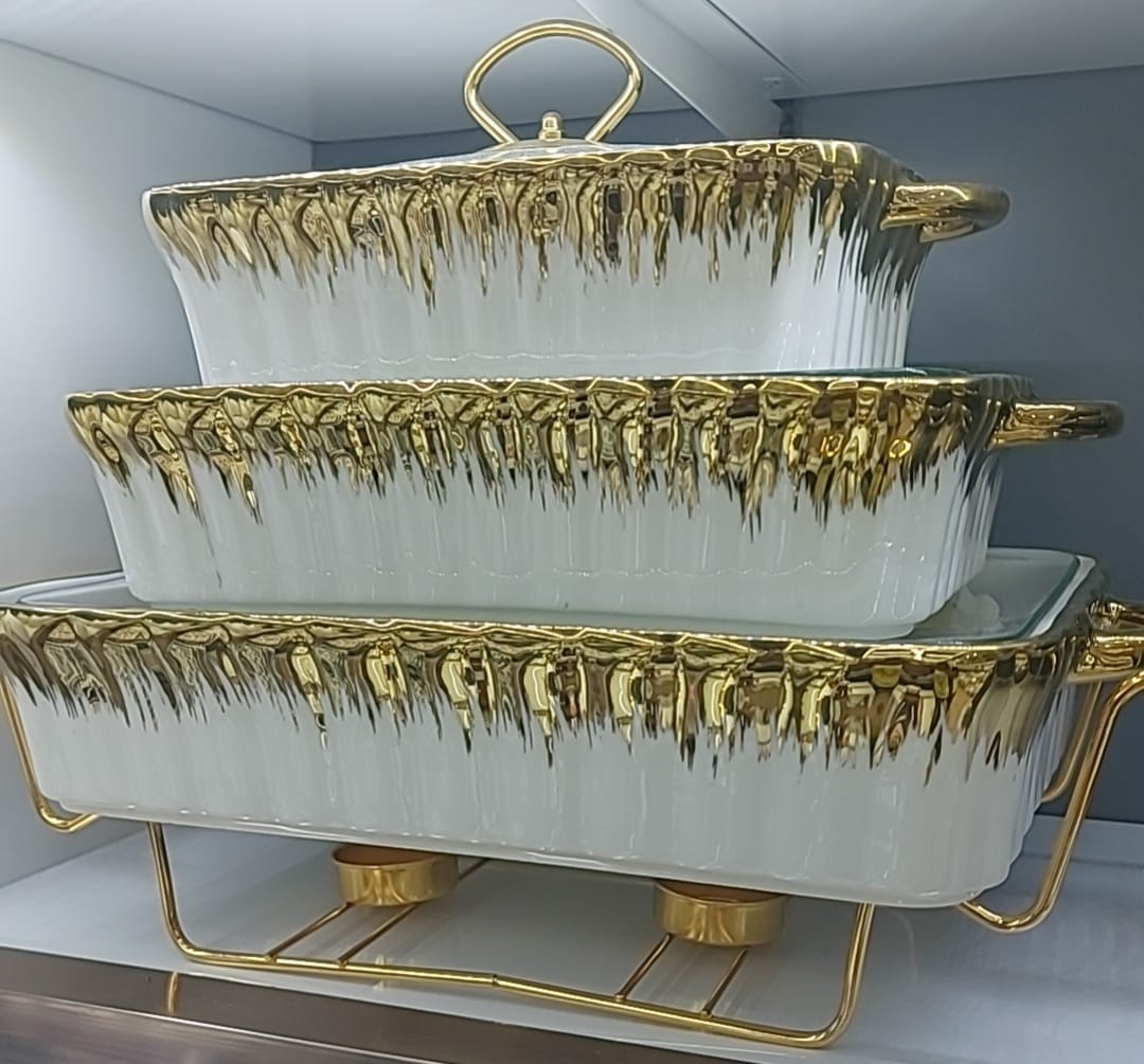 3PCS White & Gold Ceramic Chafing Dish Set with Lids – 3.8L, 2.8L & 1.8L Buffet Serveware