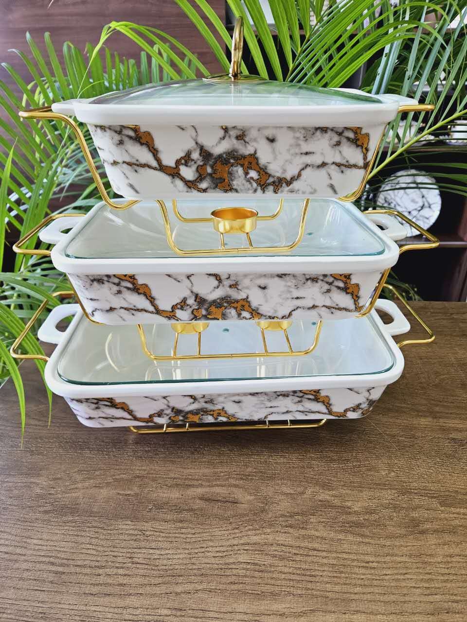 3PCS White & Gold Ceramic Chafing Dish Set with Lids – 3.8L, 2.8L & 1.8L Buffet Serveware