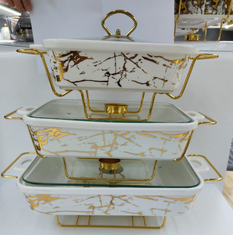 3PCS White & Gold Ceramic Chafing Dish Set with Lids – 3.8L, 2.8L & 1.8L Buffet Serveware