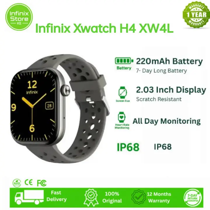 [NEW ARRIVAL]Infinix XWatch H4 XW4L Smart Watch 2.04 inches Full Touch HD Color Screen Waterproof Grade:IP68 (Life Waterproof), Battery Capacity:300mAh Lithium Polymer, Magnetic Charging,