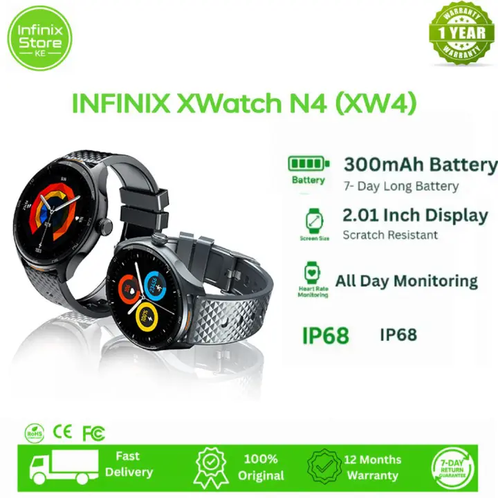 [NEW ARRIVAL]Infinix XWatch N4 Smart Watch 1.39" Full Touch HD Color Display TFT, Glass (Dial Window), IP68 (Life Waterproof), 300 mAh Battery, Magnetic Charge, Regular Usage Time	Up to 12 days.