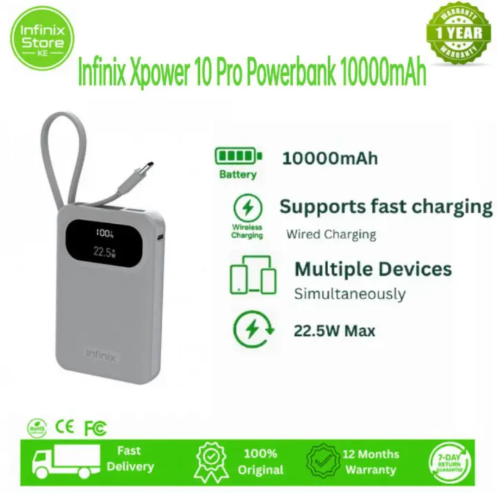 [New Arrival] Infinix Xpower 10 Pro Powerbank 10000mAh 22.5W Max Charging Type C USB A/Type C Output Type-c cable output Thin and Light Design Charge 3 Devices Simultaneously Fast Charging Powerbank