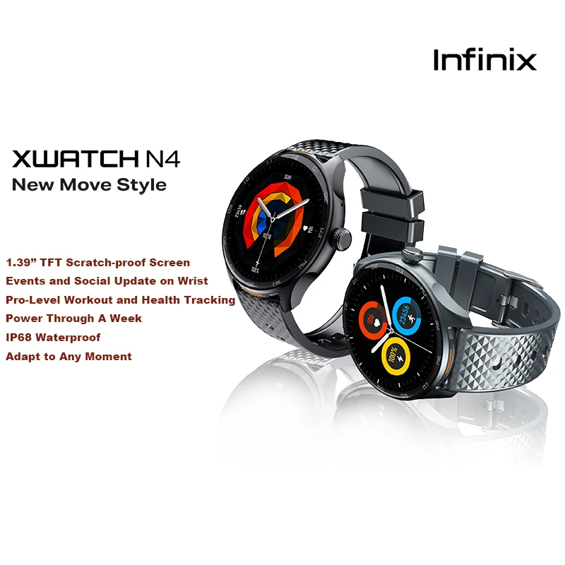 [NEW ARRIVAL]Infinix XWatch N4 Smart Watch 1.39" Full Touch HD Color Display TFT, Glass (Dial Window), IP68 (Life Waterproof), 300 mAh Battery, Magnetic Charge, Regular Usage Time	Up to 12 days.
