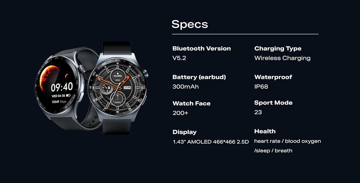 [NEW ARRIVAL] Infinix XWatch XW3E Smart Watch, 1.43-inch AMOLED, 466x466 resolution, 2.5D Glass, Android (compatible),Bluetooth V5.2,Wireless Charging Battery Life: Up to 7 days,IP68Water Resistant