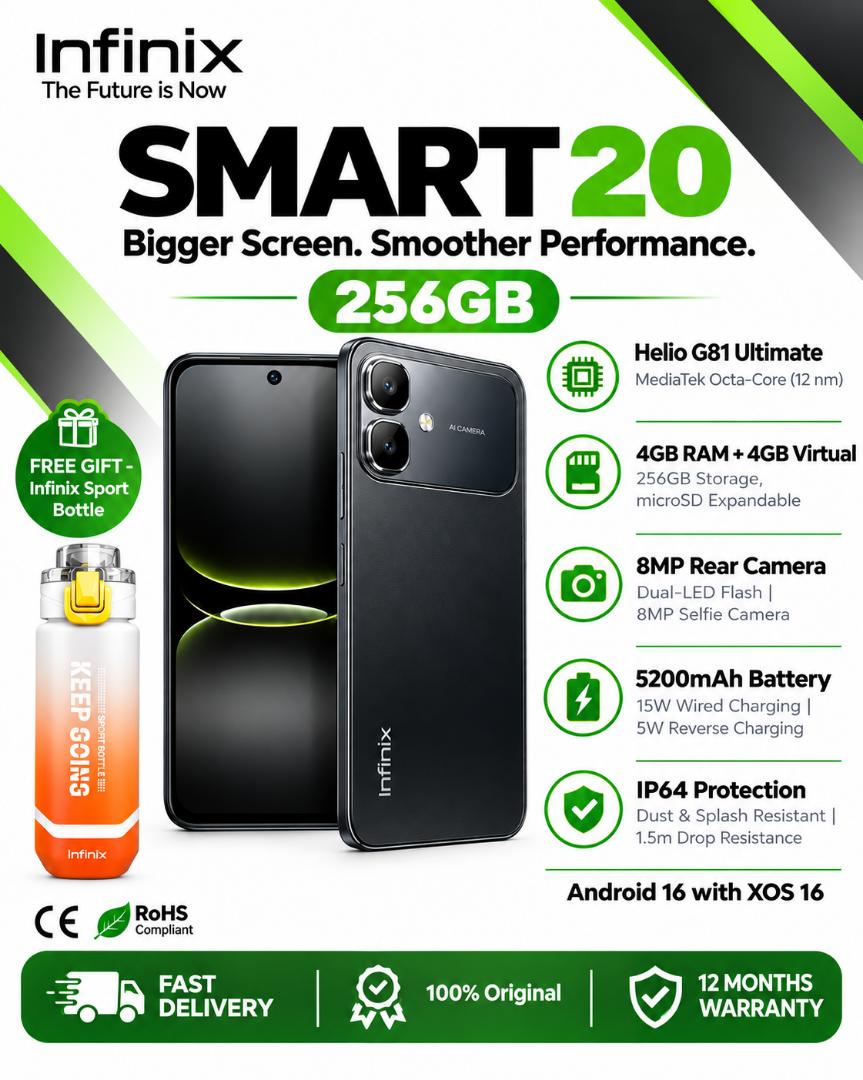 Infinix Smart 20 6.78" 120Hz Display 256GB+4GB 5200mAh Long-Life Battery 4G Dual SIM IP64 Waterproof 15W Charging NFC Fingerprint Lock Android16 Mediatek Helio G81 Ultimate
