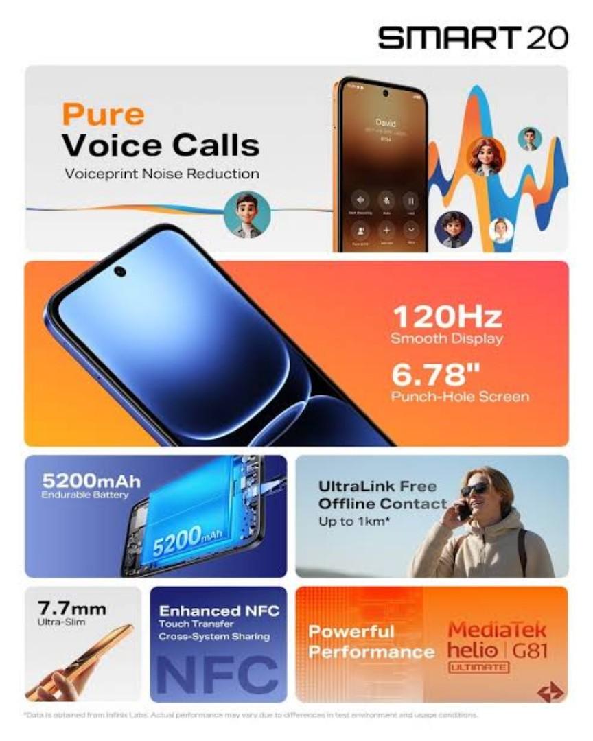 Infinix Smart 20 6.78" 120Hz Display 256GB+4GB 5200mAh Long-Life Battery 4G Dual SIM IP64 Waterproof 15W Charging NFC Fingerprint Lock Android16 Mediatek Helio G81 Ultimate