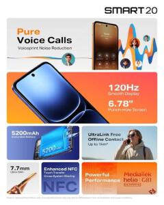 Infinix Smart 20 128GB ROM + 8GB RAM (4+4GB) 6.78" IPS LCD 120Hz  Refresh rate Display Dual SIM 8MP Camera 5200mAh Battery 15W Fingerprint Unlock IP64 Rated Android 16.