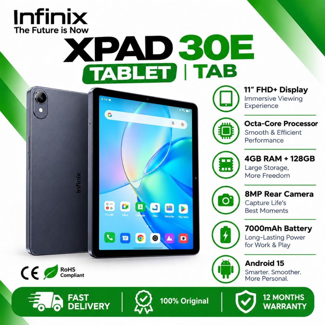 Infinix XPAD 30E TABLET | TAB 4GB RAM+128GB ROM, 11-inch Full HD'4G LTE,7000mAh battery, Android 15 with XOS 15
