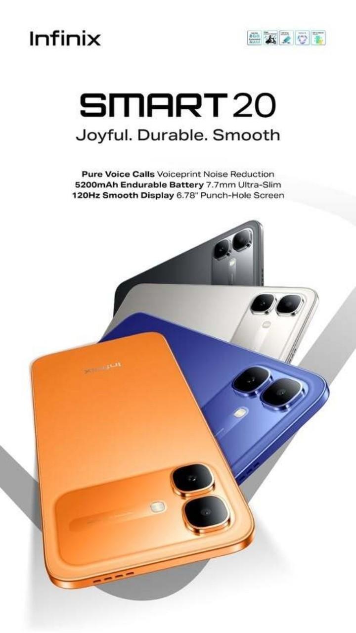 Infinix Smart 20 6.78" 120Hz Display 256GB+4GB 5200mAh Long-Life Battery 4G Dual SIM IP64 Waterproof 15W Charging NFC Fingerprint Lock Android16 Mediatek Helio G81 Ultimate