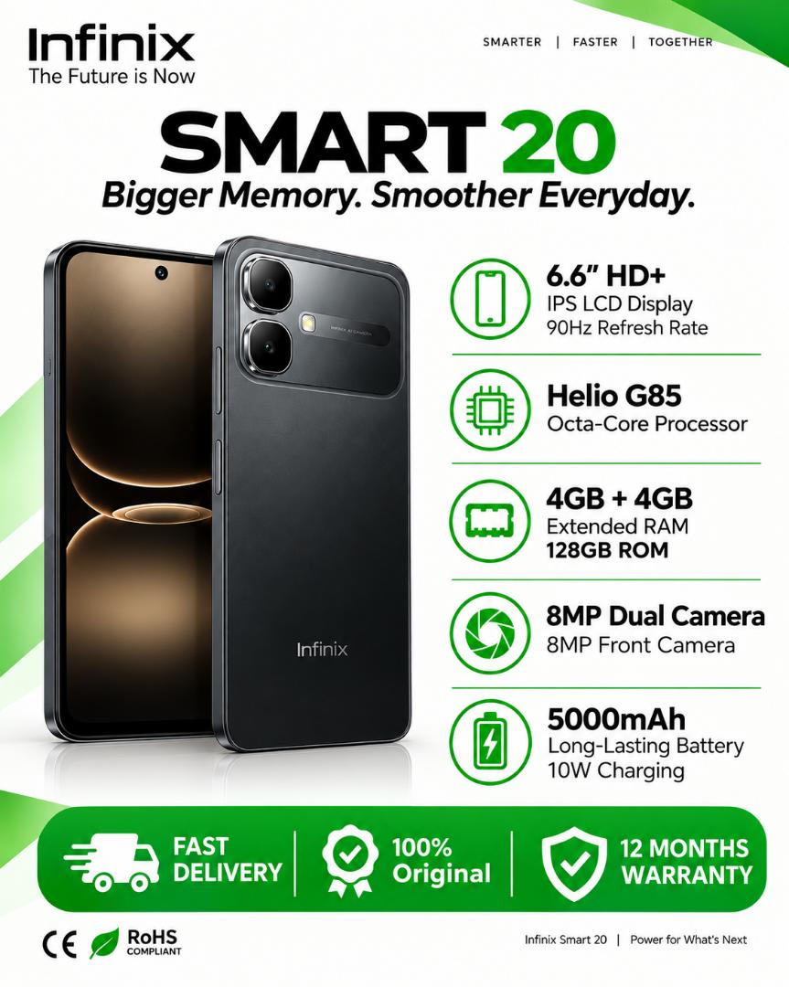 Infinix Smart 20 128GB ROM + 8GB RAM (4+4GB) 6.78" IPS LCD 120Hz  Refresh rate Display Dual SIM 8MP Camera 5200mAh Battery 15W Fingerprint Unlock IP64 Rated Android 16.