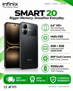 Infinix Smart 20 128GB ROM + 8GB RAM (4+4GB) 6.78" IPS LCD 120Hz  Refresh rate Display Dual SIM 8MP Camera 5200mAh Battery 15W Fingerprint Unlock IP64 Rated Android 16.