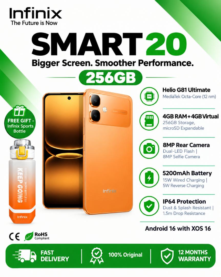 Infinix Smart 20 6.78" 120Hz Display 256GB+4GB 5200mAh Long-Life Battery 4G Dual SIM IP64 Waterproof 15W Charging NFC Fingerprint Lock Android16 Mediatek Helio G81