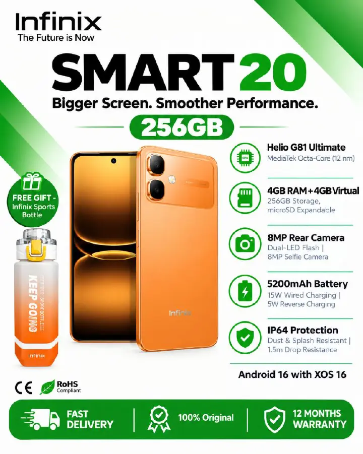 Infinix Smart 20 6.78" 120Hz Display 256GB+4GB 5200mAh Long-Life Battery 4G Dual SIM IP64 Waterproof 15W Charging NFC Fingerprint Lock Android16 Mediatek Helio G81