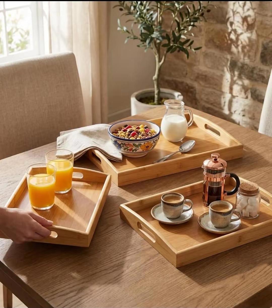 3-Tier Bamboo Serving Tray Set – Wooden Breakfast, Food & Tea Serving Trays with Handles Natural Bamboo Rectangular Serving Tray