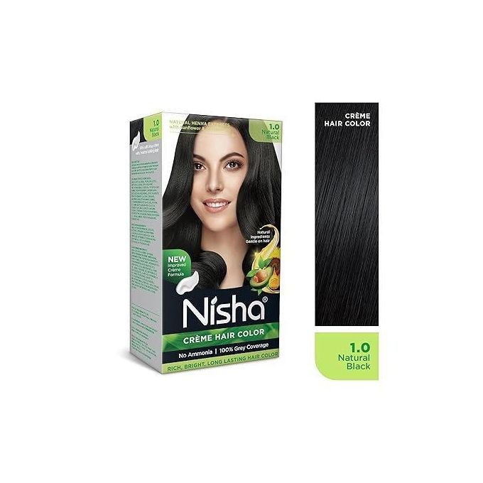 Creme Hair Color, Permanent Hair Colour Natural Black, Silky & Shiny 100% Grey Coverage & Ammonia Free Color With Natural Henna Extract