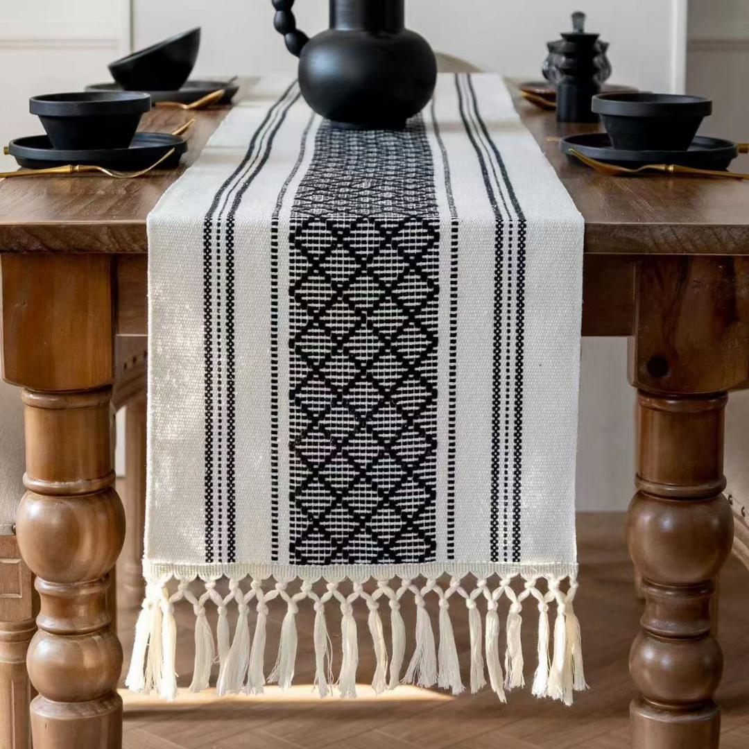 A blend of cotton and linen boho sliplicing table runner available in variety