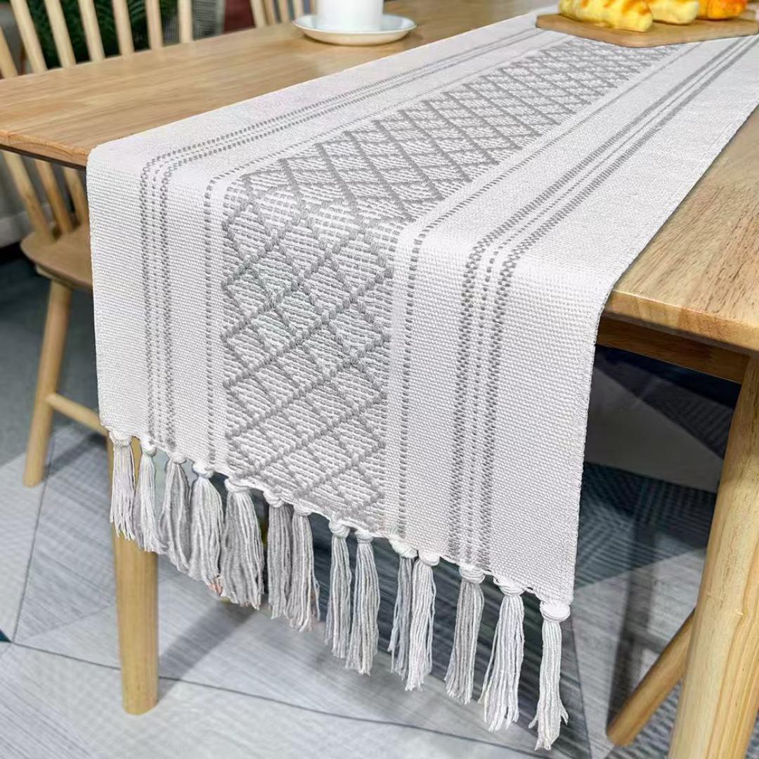 A blend of cotton and linen boho sliplicing table runner available in variety