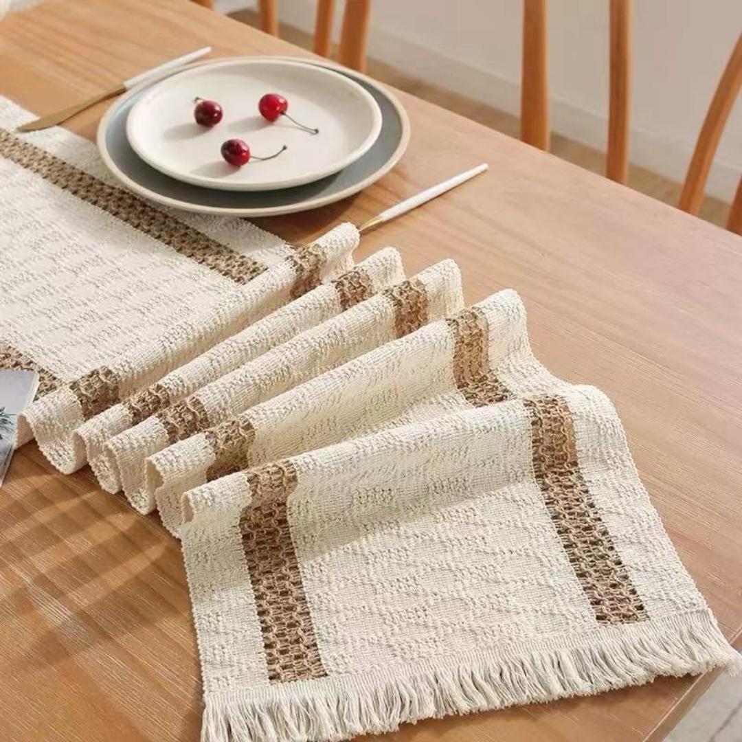 A blend of cotton and linen boho sliplicing table runner available in variety