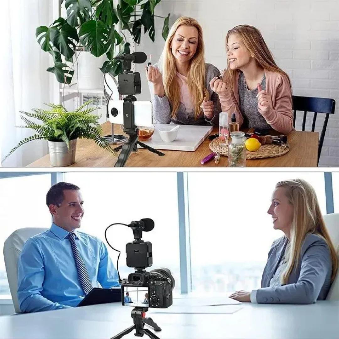 Camera Video Recording Vlogging Kit for Video Making, Mic, Mini Tripod Stand, LED Light & Phone Holder Clip for Making Videos Podcasting Black