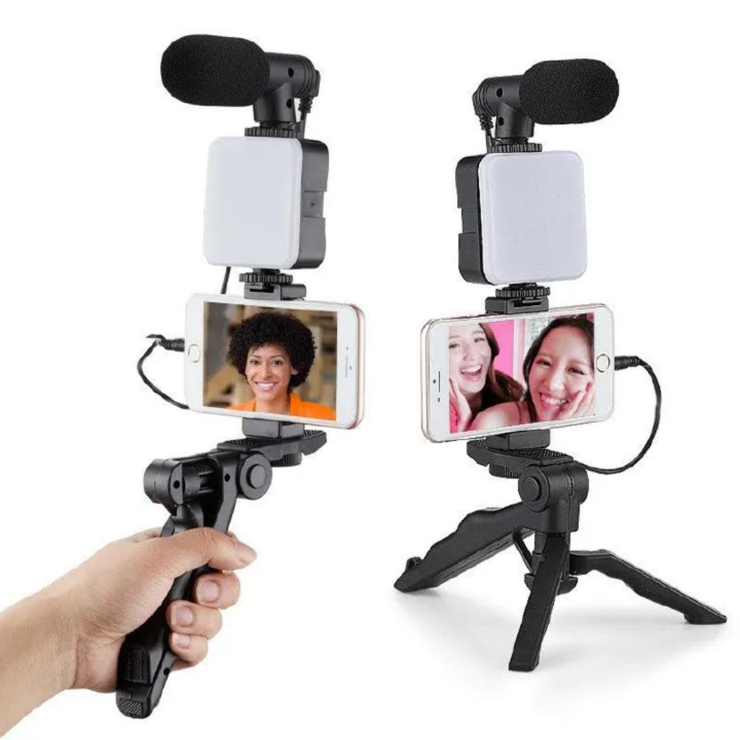 Camera Video Recording Vlogging Kit for Video Making, Mic, Mini Tripod Stand, LED Light & Phone Holder Clip for Making Videos Podcasting Black