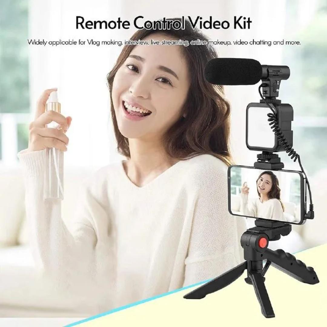 Camera Video Recording Vlogging Kit for Video Making, Mic, Mini Tripod Stand, LED Light & Phone Holder Clip for Making Videos Podcasting Black