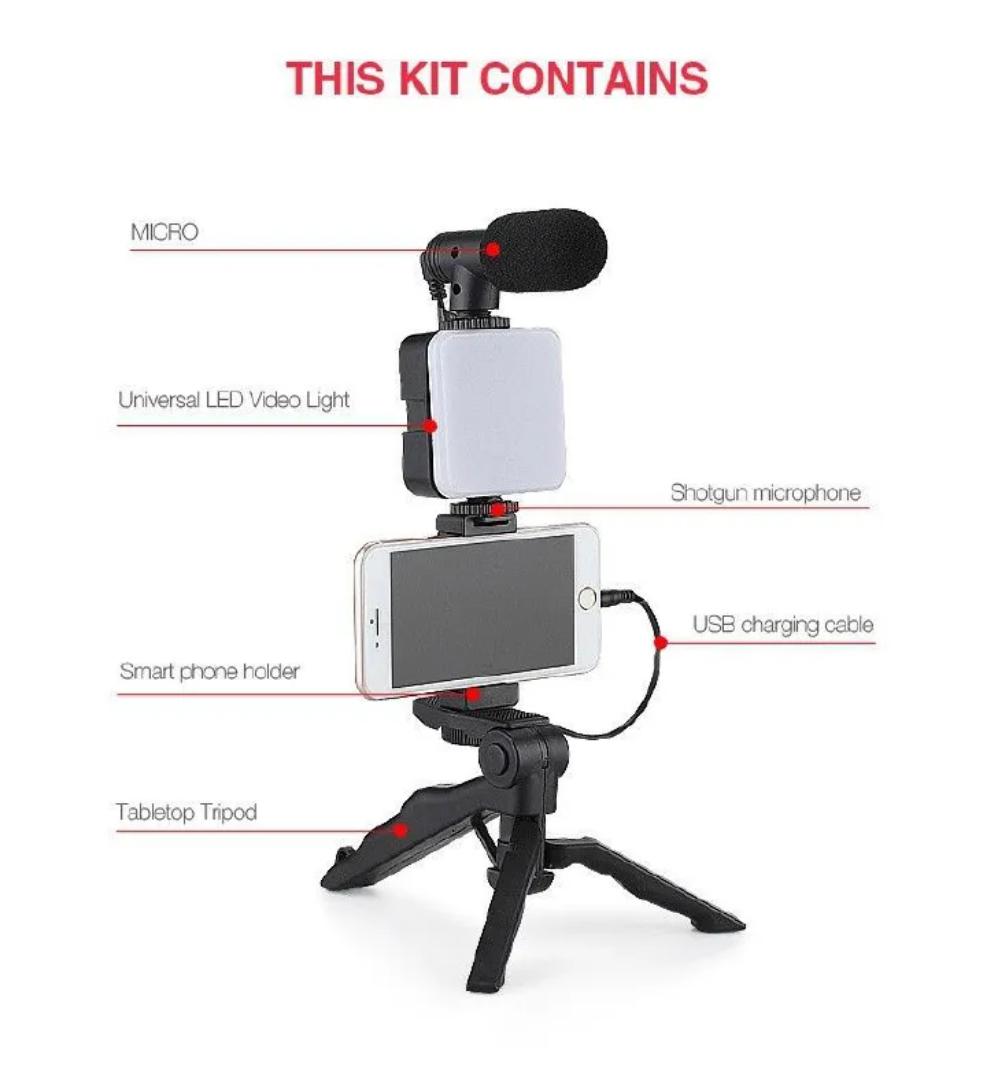 Camera Video Recording Vlogging Kit for Video Making, Mic, Mini Tripod Stand, LED Light & Phone Holder Clip for Making Videos Podcasting Black