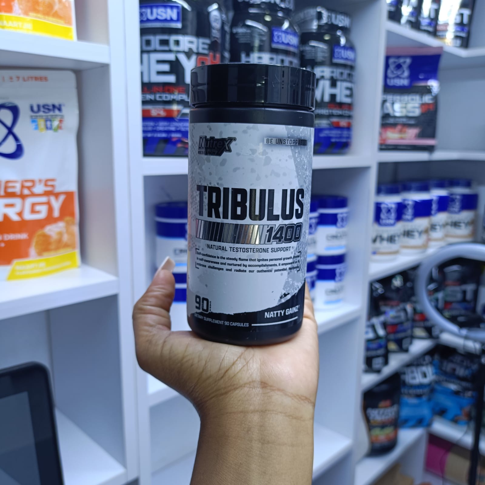 Nutrex Research Tribulus 1400 supplement bottle designed to support natural testosterone levels.
