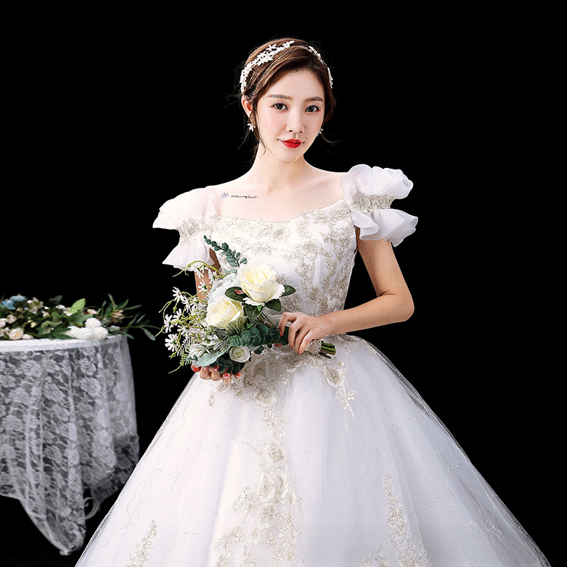 Main wedding dress new style temperament one shoulder wedding bride simple dress fairy dream starry sky long tail for women