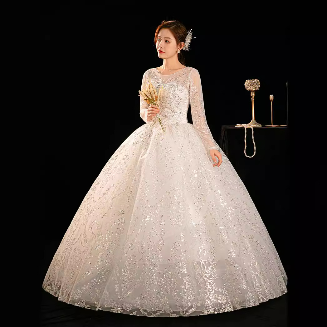 Main wedding dress new style bride small high-end texture light wedding dress one-shoulder long-sleeved tutu skirt