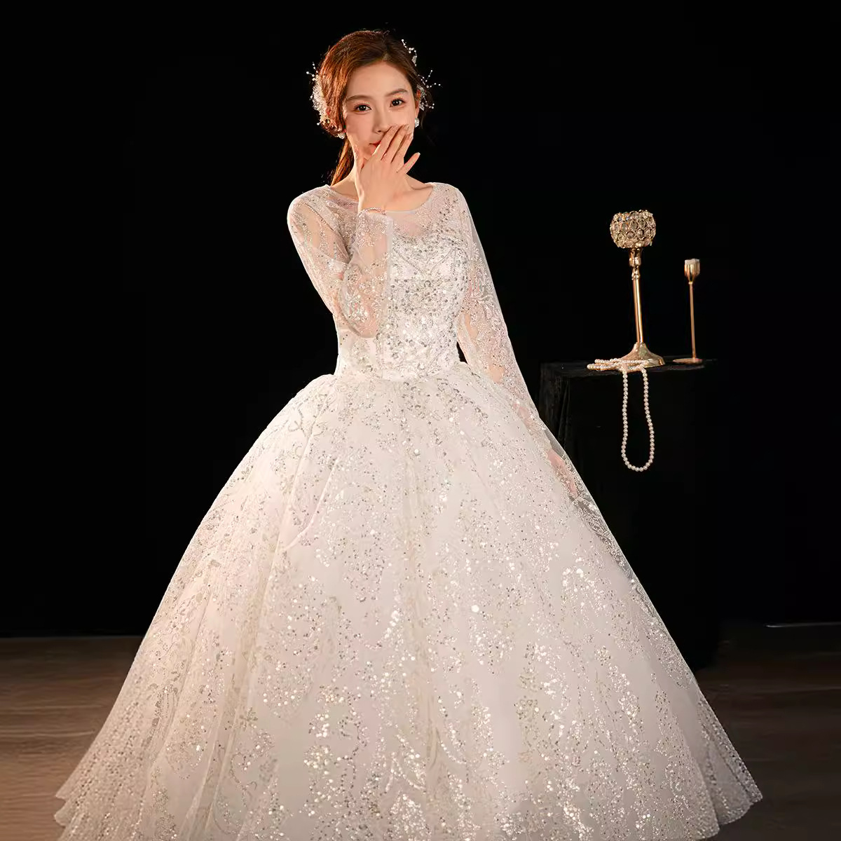 Main wedding dress new style bride small high-end texture light wedding dress one-shoulder long-sleeved tutu skirt