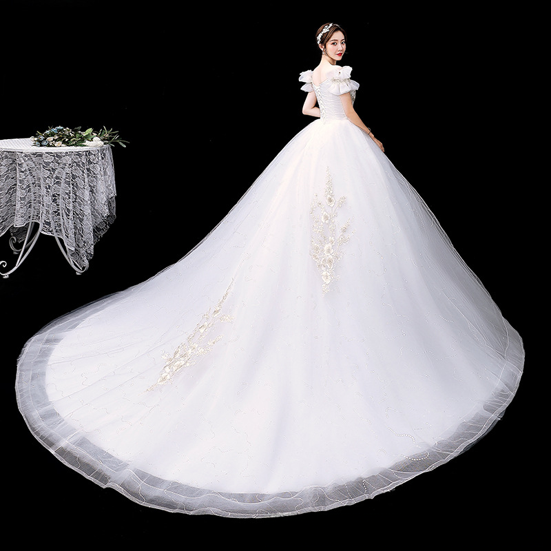 Main wedding dress new style temperament one shoulder wedding bride simple dress fairy dream starry sky long tail for women