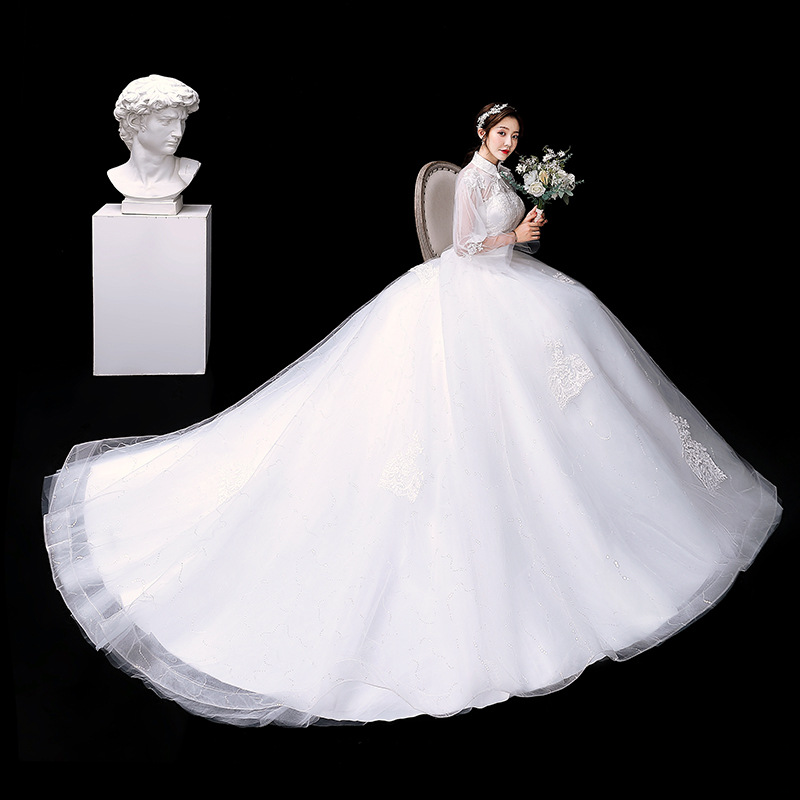 Simple main light wedding dress new style bride one shoulder wedding dress simple large tail with floor-length palace slimming