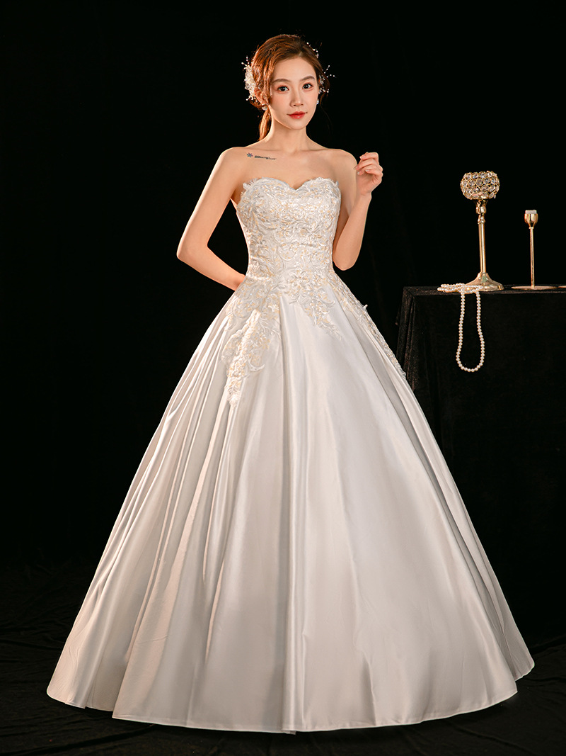 Satin wedding dress new style small bride main gauze French retro tube top high-grade white outing gauze