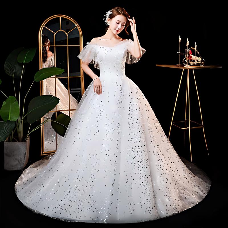 One shoulder wedding dress new style bride trailing temperament small forest style French light wedding dress super fairy simple