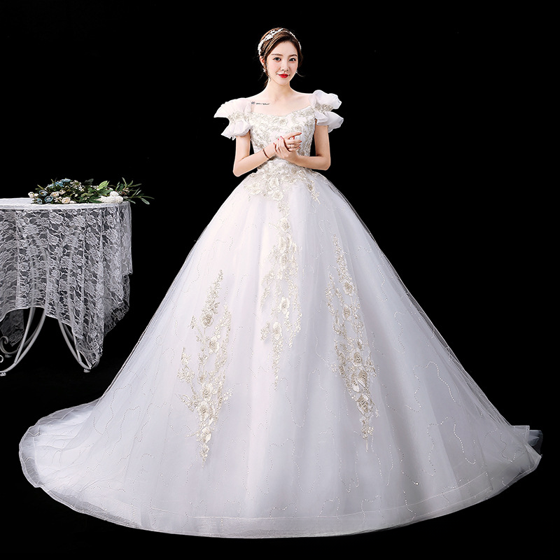 Main wedding dress new style temperament one shoulder wedding bride simple dress fairy dream starry sky long tail for women