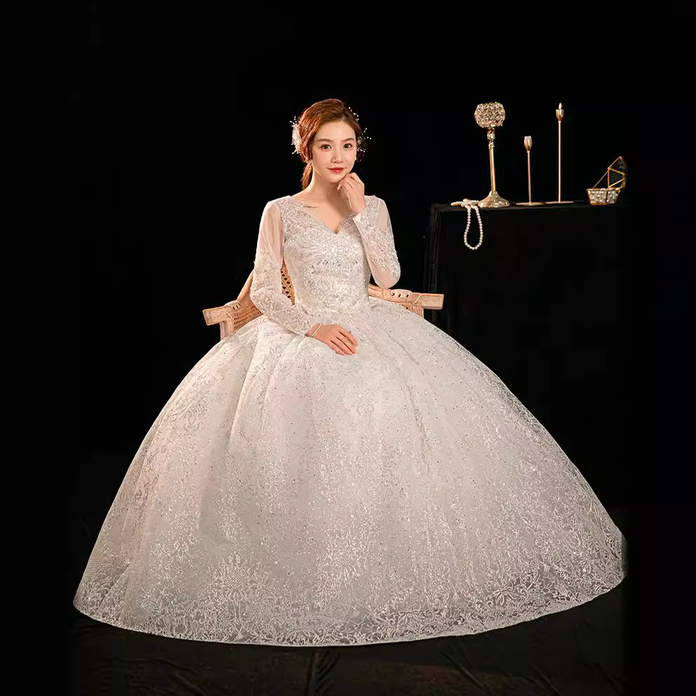 Long-sleeved fugitive princess wedding dress, new style for small brides, main yarn, high quality floor-length