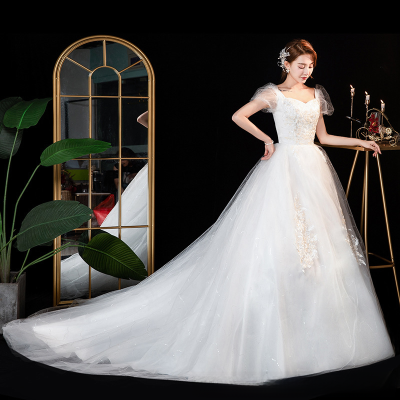 Starry sky simple one-shoulder main wedding dress new style temperament bride luxury palace style trailing summer