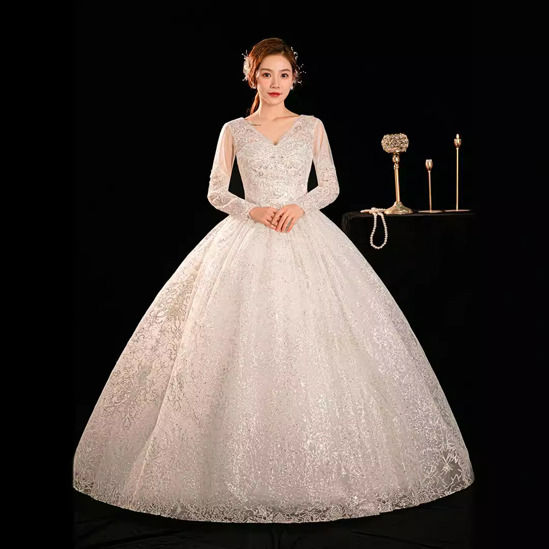 Long-sleeved fugitive princess wedding dress, new style for small brides, main yarn, high quality floor-length