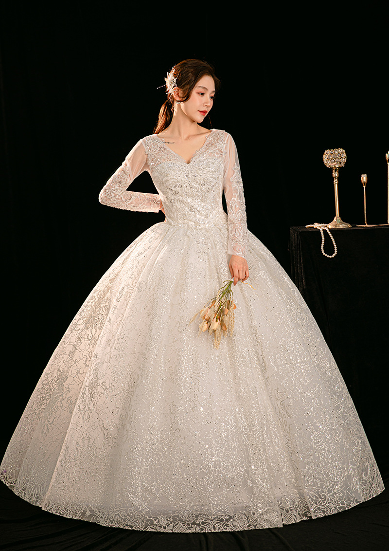 Long-sleeved fugitive princess wedding dress, new style for small brides, main yarn, high quality floor-length