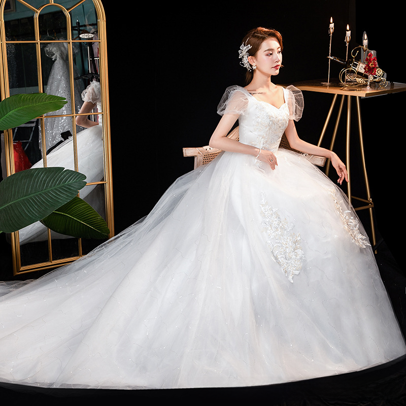 Starry sky simple one-shoulder main wedding dress new style temperament bride luxury palace style trailing summer